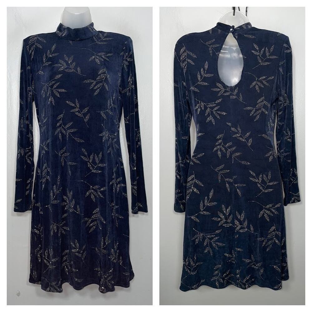 Whimsigoth Slinky Dress Size 10 Navy Stretch Silver Glitter Cut Out Back Y2K